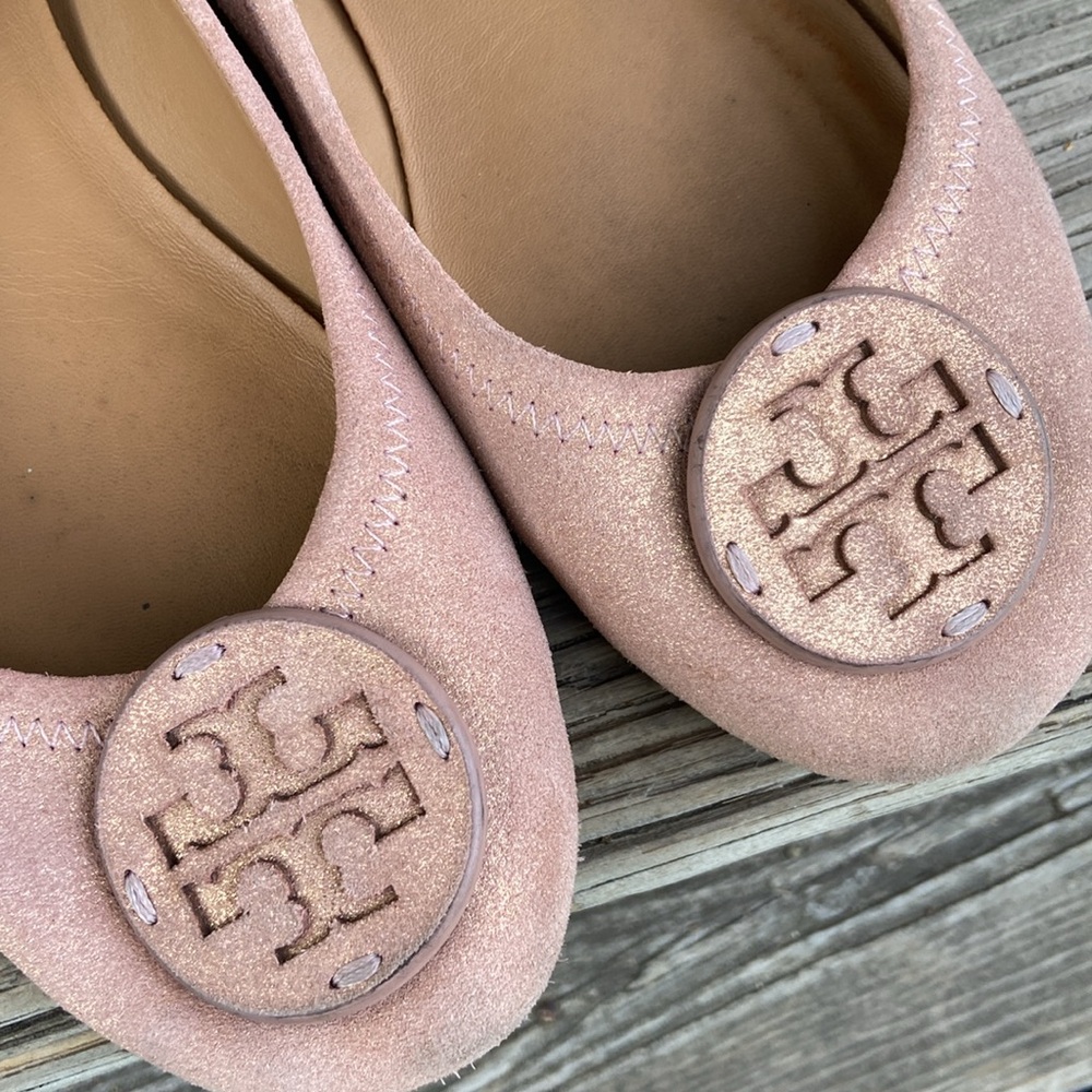 Tory Burch Minnie Travel Ballet Flats in Rose Gold Suede Women's Size 9 - Picture 6 of 10